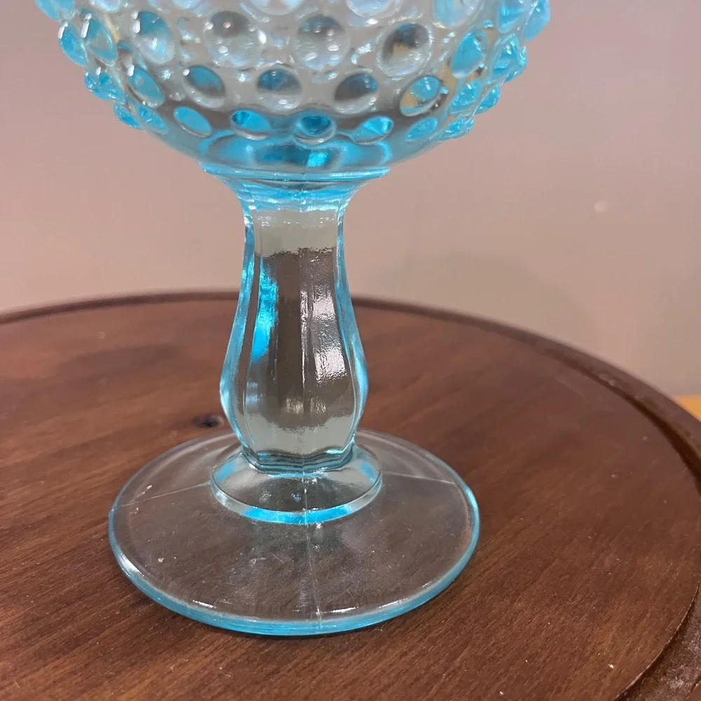 Vtg Fenton Blue Opalescent Hobnail Ruffled Glass Compote‎ MCM Candy Dish 6